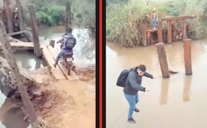  A falta de puente, utilizan cables y tablas para cruzar.