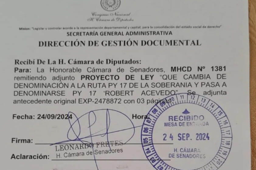  Proyecto de ley que denomina a la ruta PY17 “Robert Acevedo” pasa a la Cámara de Senadores.