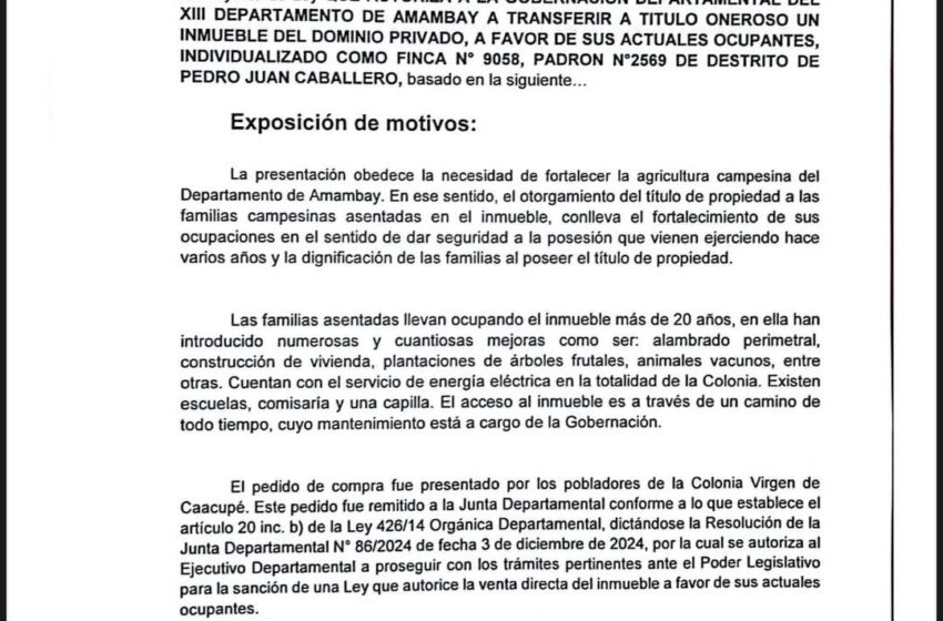  Senadores presentan proyecto para desafectar tierras en la colonia Virgen de Caacupé de PJC