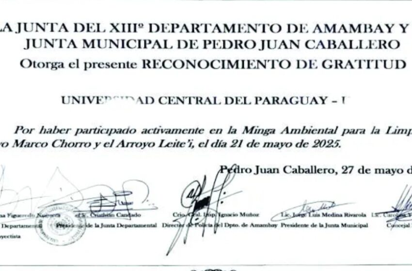  Universidad Central del Paraguay recibe reconocimiento por su participación en minga ambiental en Pedro Juan Caballero