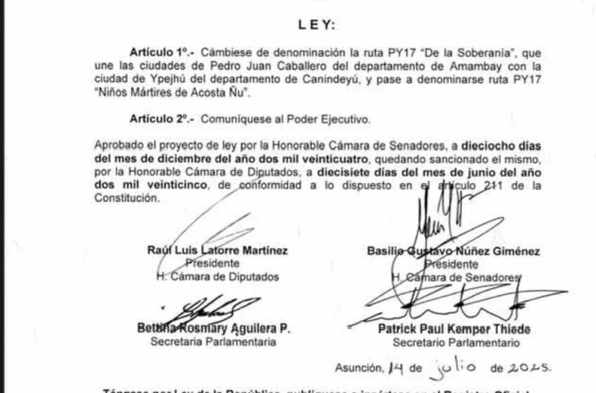  Ruta PY17 “De la Soberanía” cambia de nombre a “Niños Mártires de Acosta Ñu”